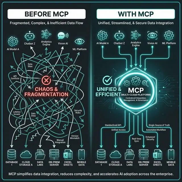 การทำงานที่ซับซ้อนของการเชื่อมต่อ AI ก่อนและหลังมี MCP