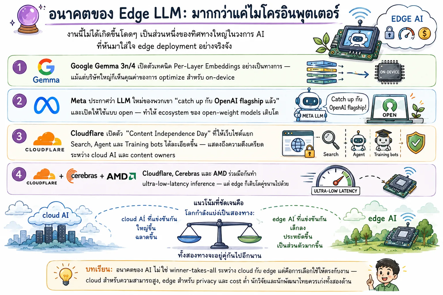 อินโฟกราฟิกภาพวาดเรื่องอนาคตของ Edge LLM สรุปความเคลื่อนไหวจาก Google Gemma, Meta, Cloudflare, Cerebras และ AMD พร้อมเปรียบเทียบ cloud AI ที่เน้นความสามารถสูงกับ edge AI ที่เน้นความเป็นส่วนตัว ต้นทุนต่ำ และความหน่วงต่ำ โดยชี้ว่าทั้งสองรูปแบบจะอยู่ร่วมกันต่อไป